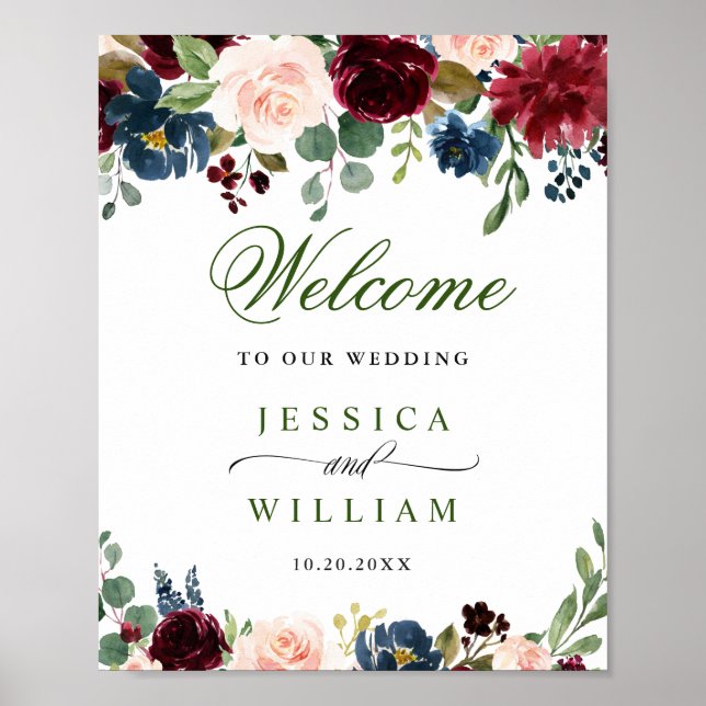 Burgundy Navy Blush Floral Wedding Welcome Poster (Front)