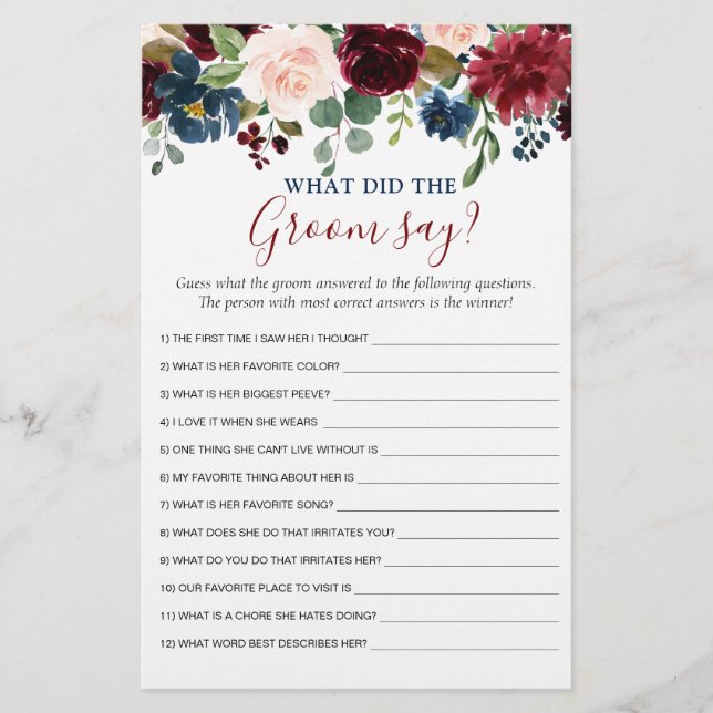 Burgundy Navy Blush Flowers Bridal Shower Games (Front)