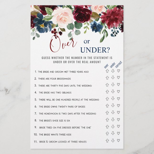 Burgundy Navy Blush Flowers Bridal Shower Games (Front)