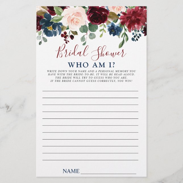 Burgundy Navy Blush Flowers Bridal Shower Games (Front)