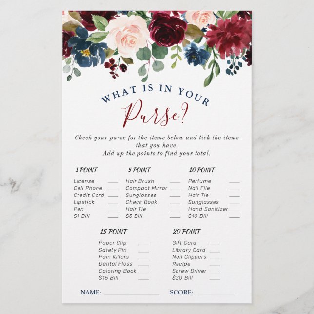 Burgundy Navy Blush Flowers Bridal Shower Games (Front)