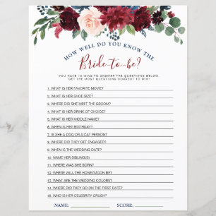 Burgundy Navy Blush Flowers Bridal Shower Games
