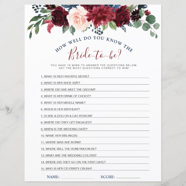Burgundy Navy Blush Flowers Bridal Shower Games (Front)