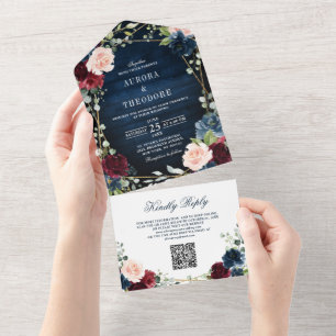 Burgundy Navy Blush Geometric QR Code Wedding All In One Invitation