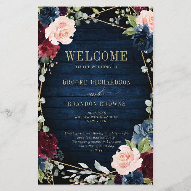 Burgundy Navy Blush Geometric Wedding Program (Front)