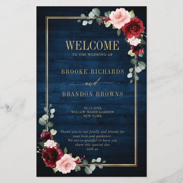 Burgundy Navy Blush Geometric Wedding Program (Front)