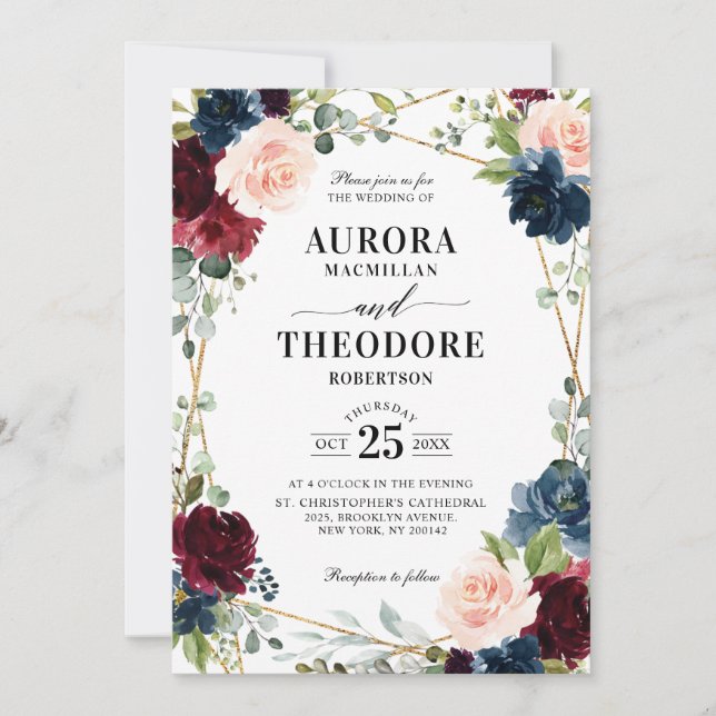 Burgundy Navy Blush Gold Geometric Details Wedding Invitation (Front)