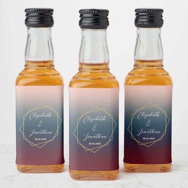 Burgundy Navy Blush Ombre Geometric Wedding Liquor Bottle Label (Bottles)