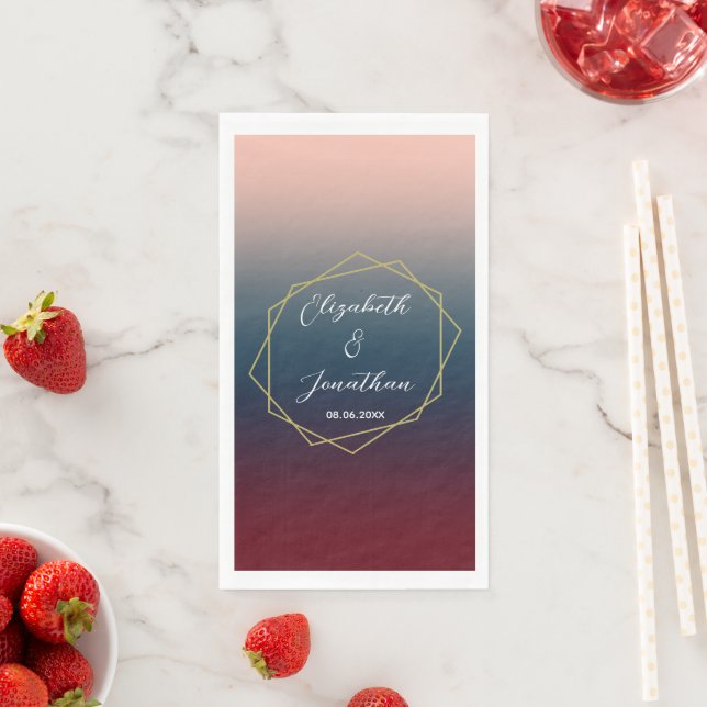 Burgundy Navy Blush Ombre Geometric Wedding Napkin (Insitu)
