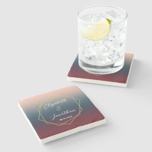 Burgundy Navy Blush Ombre Geometric Wedding Stone Coaster