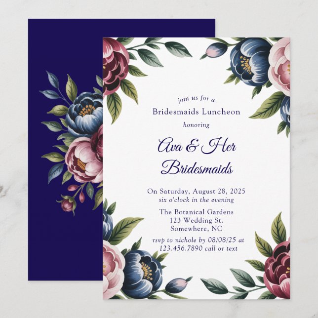 Burgundy Navy Blush Peony Bridesmaids Luncheon Invitation (Front/Back)