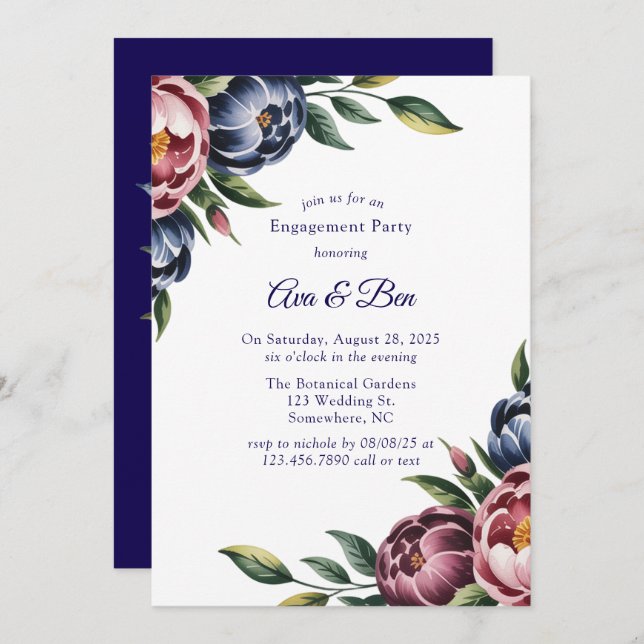 Burgundy Navy Blush Peony Engagement Party Invitation (Front/Back)