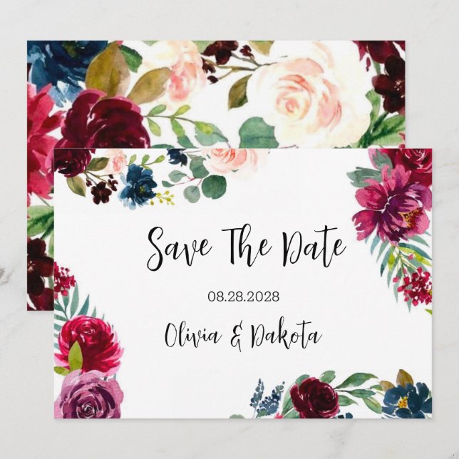 Burgundy Navy Blush Peony Save The Date Cards (Front/Back)