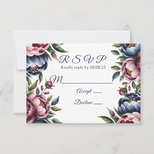 Burgundy Navy Blush Peony Wedding RSVP Card (Front)
