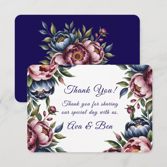 Burgundy Navy Blush Peony Wedding Thank You Card (Front/Back)