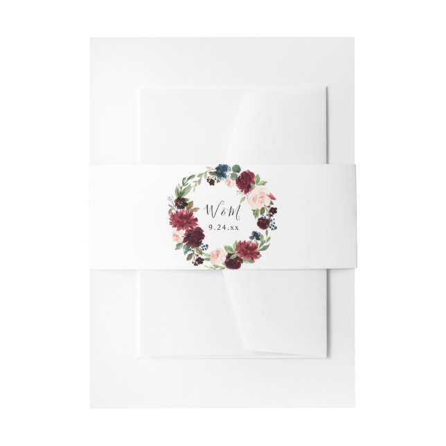 Burgundy & Navy Blush Pink Floral 4 Invitation Bel Invitation Belly Band (Front Example)