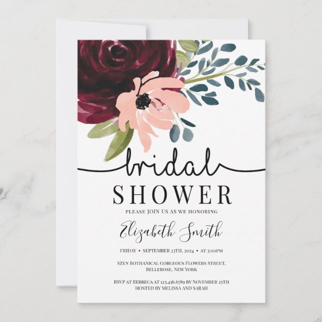 Burgundy navy blush pink floral bridal shower invitation (Front)