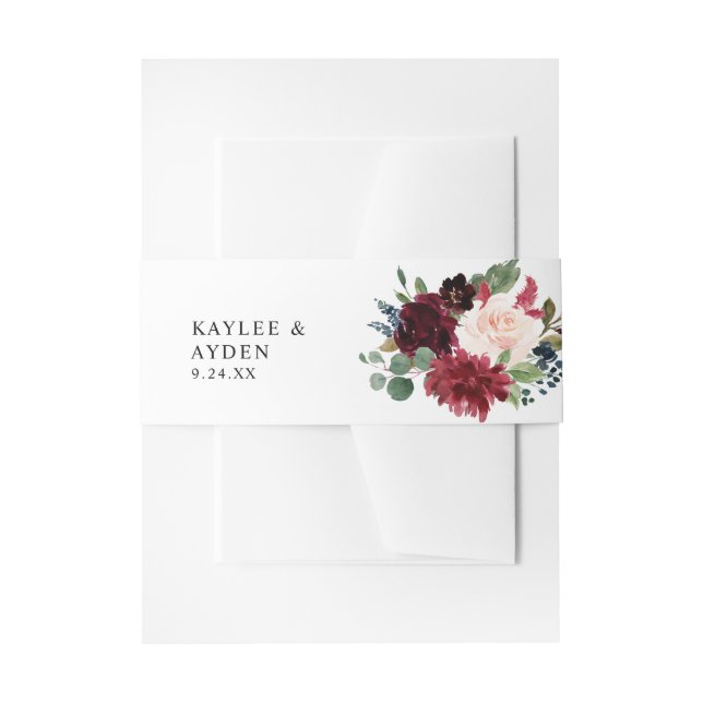 Burgundy & Navy, Blush Pink Floral  Invitation Belly Band (Front Example)