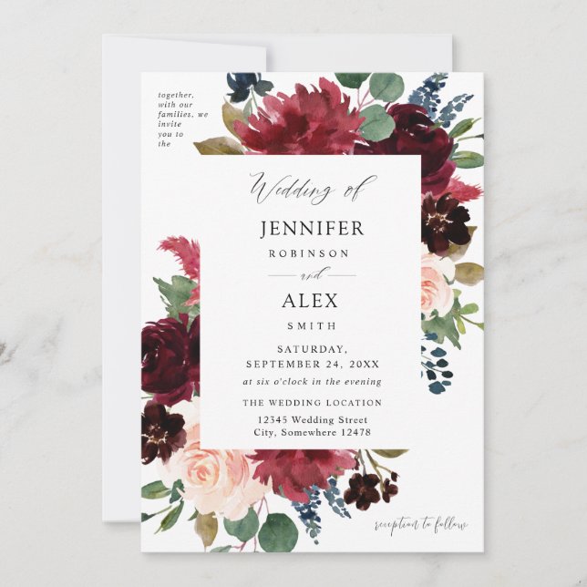 Burgundy & Navy, Blush Pink Floral Wedding 3 Invitation (Front)