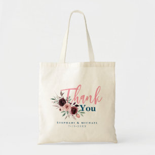 Burgundy Navy Blush Pink Floral Wedding Thank You Tote Bag