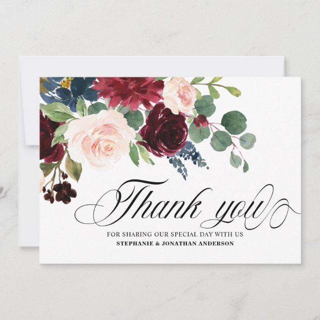 Burgundy Navy Blush Pink Florals Botanical Thank You Card (Front)