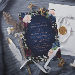 Burgundy Navy Blush Rose Gold QR Code Wedding Invitation