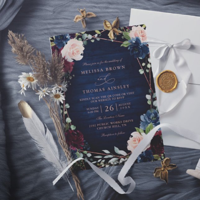 Burgundy Navy Blush Rose Gold QR Code Wedding Invitation (Creator Uploaded)