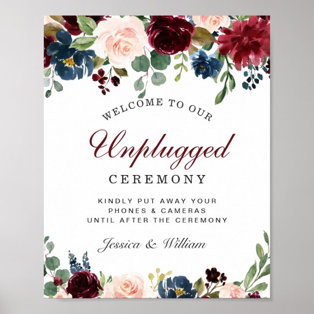 Burgundy Navy Blush Unplugged Wedding Ceremony Poster (Front)