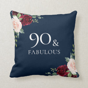 Burgundy & Navy, Blush Watercolor 90th Birthday Cushion