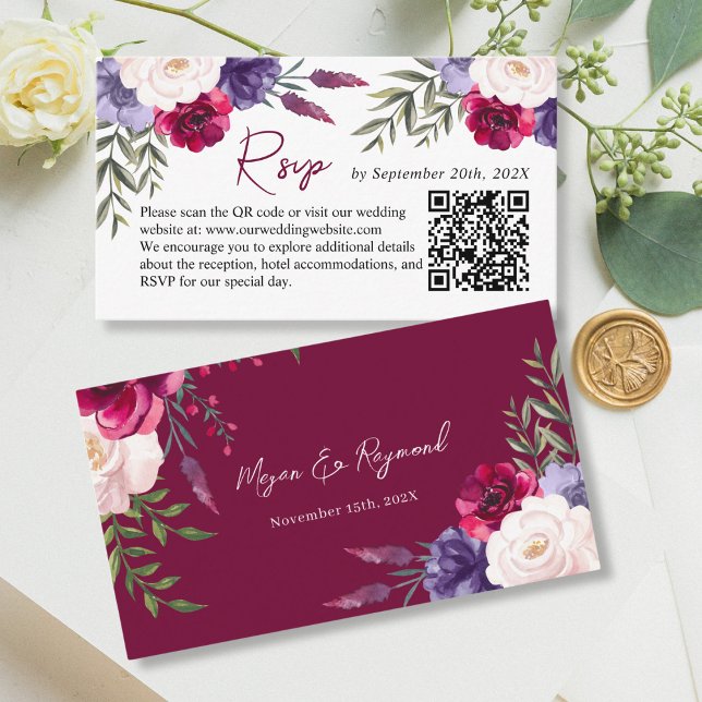 Burgundy Navy Blush Wedding Website RSVP QR Code  Enclosure Card (Creator Uploaded)