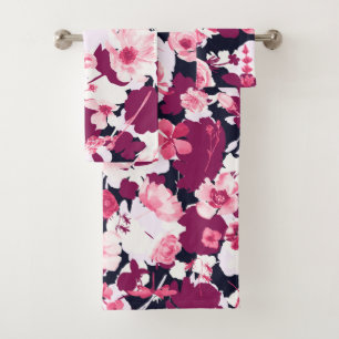 Burgundy Navy Blush White Modern Floral Pattern Bath Towel Set