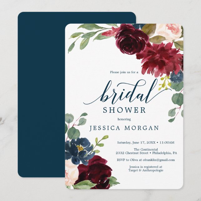 Burgundy Navy Bridal Shower Invitation Card (Front/Back)