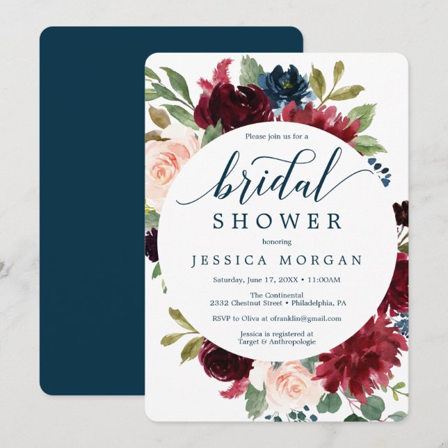 Burgundy Navy Bridal Shower Invitation Card (Front/Back)
