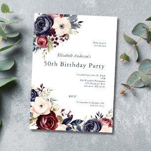 Burgundy Navy Cream Floral Watercolor 50 Birthday Invitation