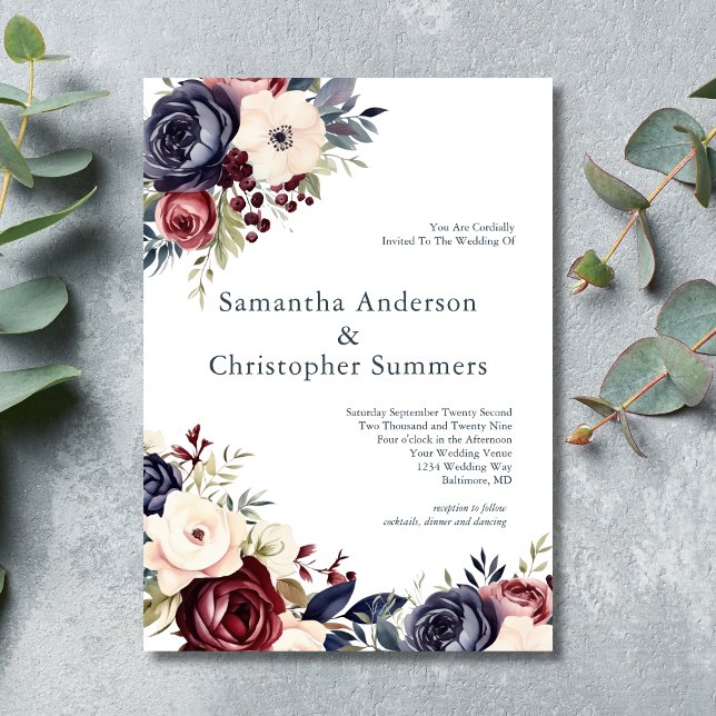 Burgundy Navy Cream Floral Watercolor Wedding Invitation (Burgundy Cream Blue Watercolor Elegant Wedding invitation. Printed Or Digital download)