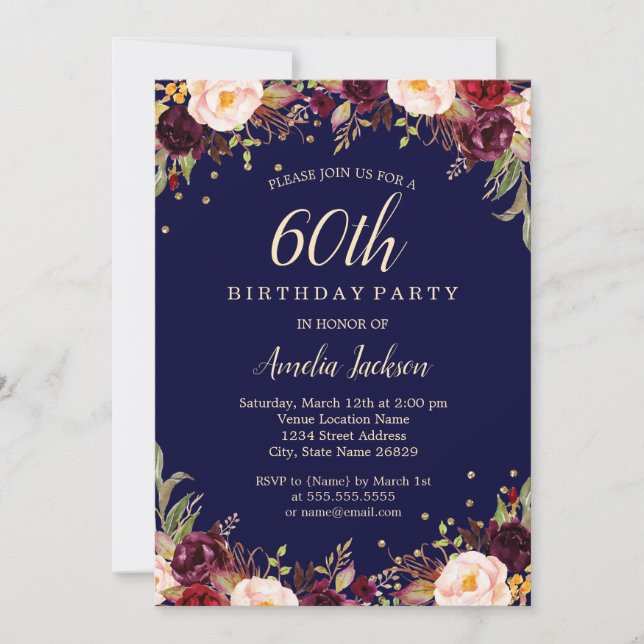 Burgundy Navy Elegant Floral 60th Birthday Party Invitation (Front)