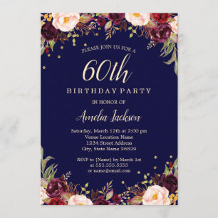 Burgundy Navy Elegant Floral 60th Birthday Party Invitation
