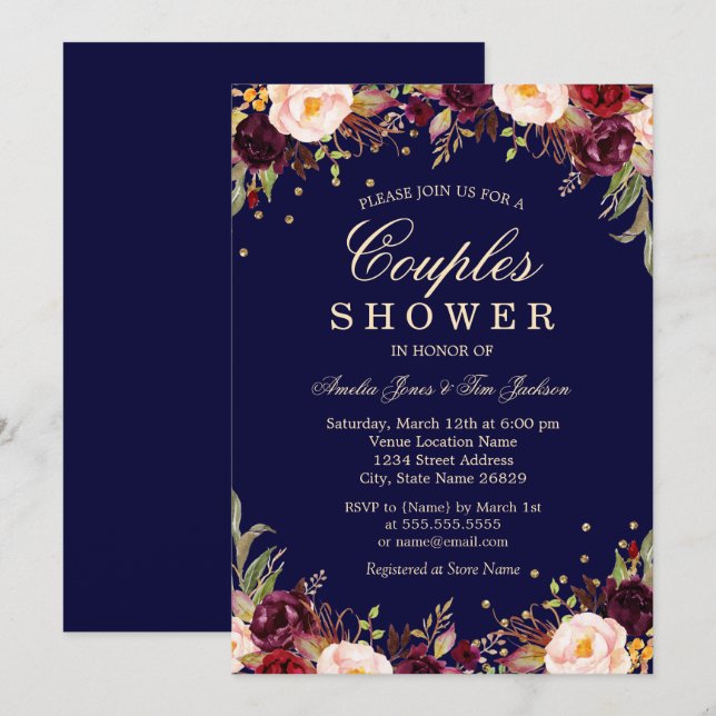 Burgundy Navy Elegant Floral Couples Shower Invitation (Front/Back)