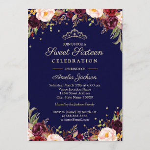 Burgundy Navy Elegant Floral Sweet Sixteen Invitation