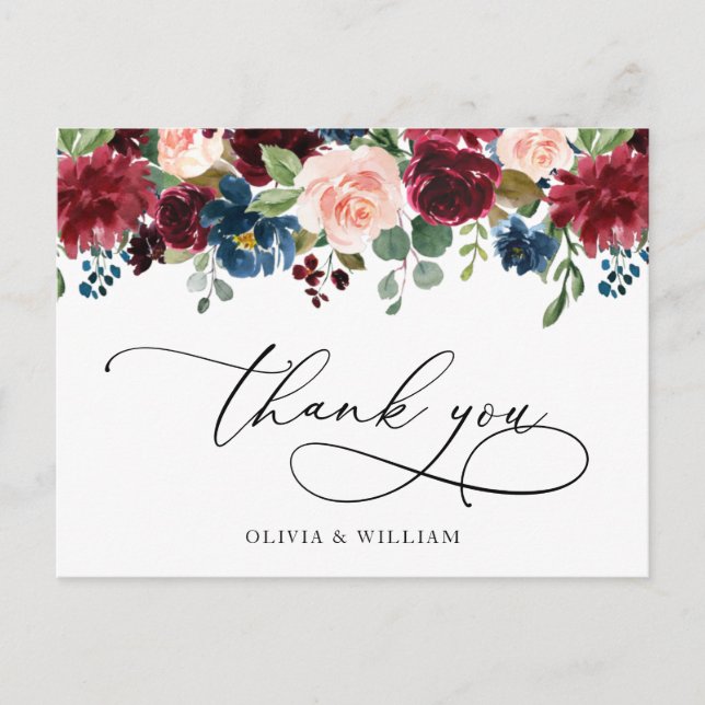 Burgundy Navy Eucalyptus Rose Floral Thank You Postcard (Front)