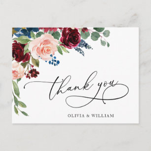 Burgundy Navy Eucalyptus Rose Floral Thank You Postcard