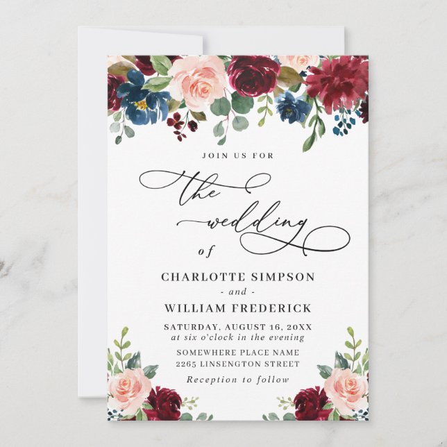 Burgundy Navy Eucalyptus Rose Greenery Wedding Invitation (Front)