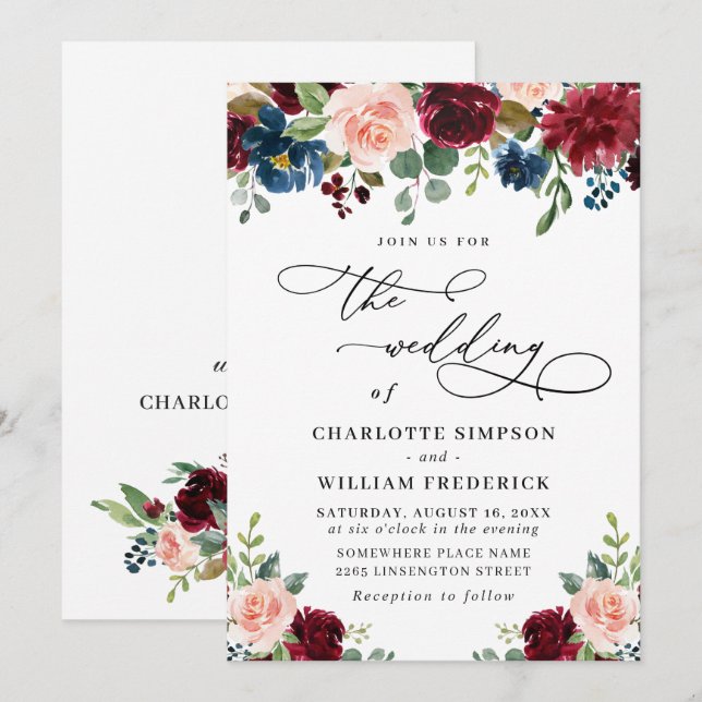 Burgundy Navy Eucalyptus Rose Greenery Wedding Invitation (Front/Back)