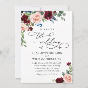 Burgundy Navy Eucalyptus Rose Greenery Wedding Invitation