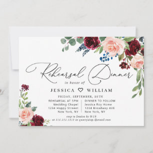 Burgundy Navy Eucalyptus Rose REHEARSAL DINNER Invitation