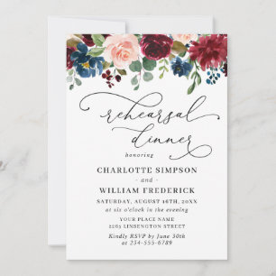 Burgundy Navy Eucalyptus Rose REHEARSAL DINNER Invitation