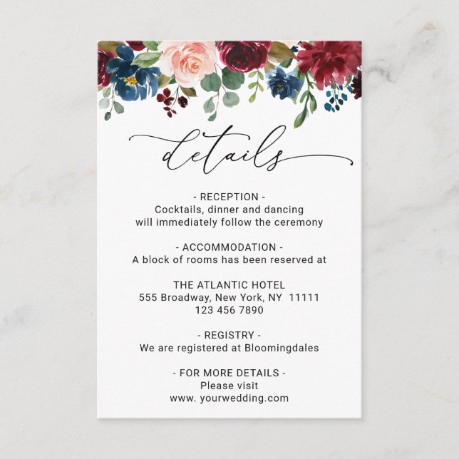 Burgundy Navy Eucalyptus Rose Wedding Details Enclosure Card (Front)