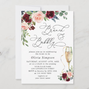 Burgundy Navy Eucalyptus Roses Brunch & Bubbly Invitation