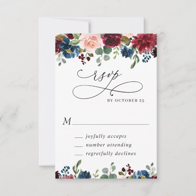 Burgundy Navy Eucalyptus Roses Floral Wedding RSVP Card (Front)