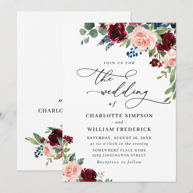 Burgundy Navy Eucalyptus Roses Greenery Wedding Invitation (Front/Back)